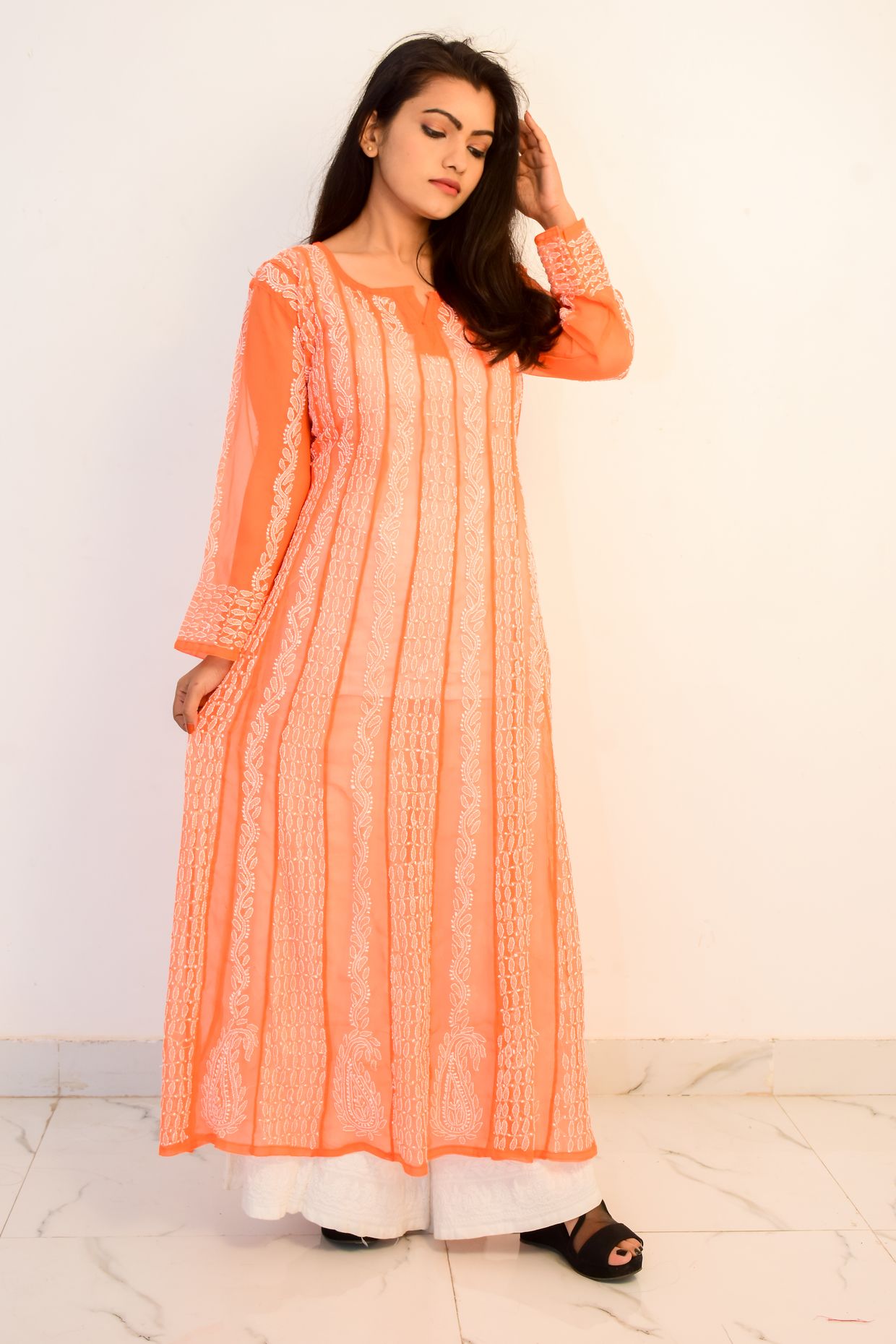 Orange and White Georgette Kurti